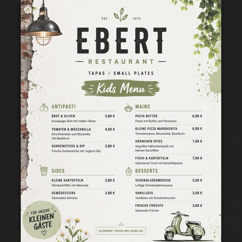 A4-Menükarte für Kinder von ebert restaurant im Industrial-Loft-Stil mit Frühlingsfarben, Platzhaltertext und Preisspalte