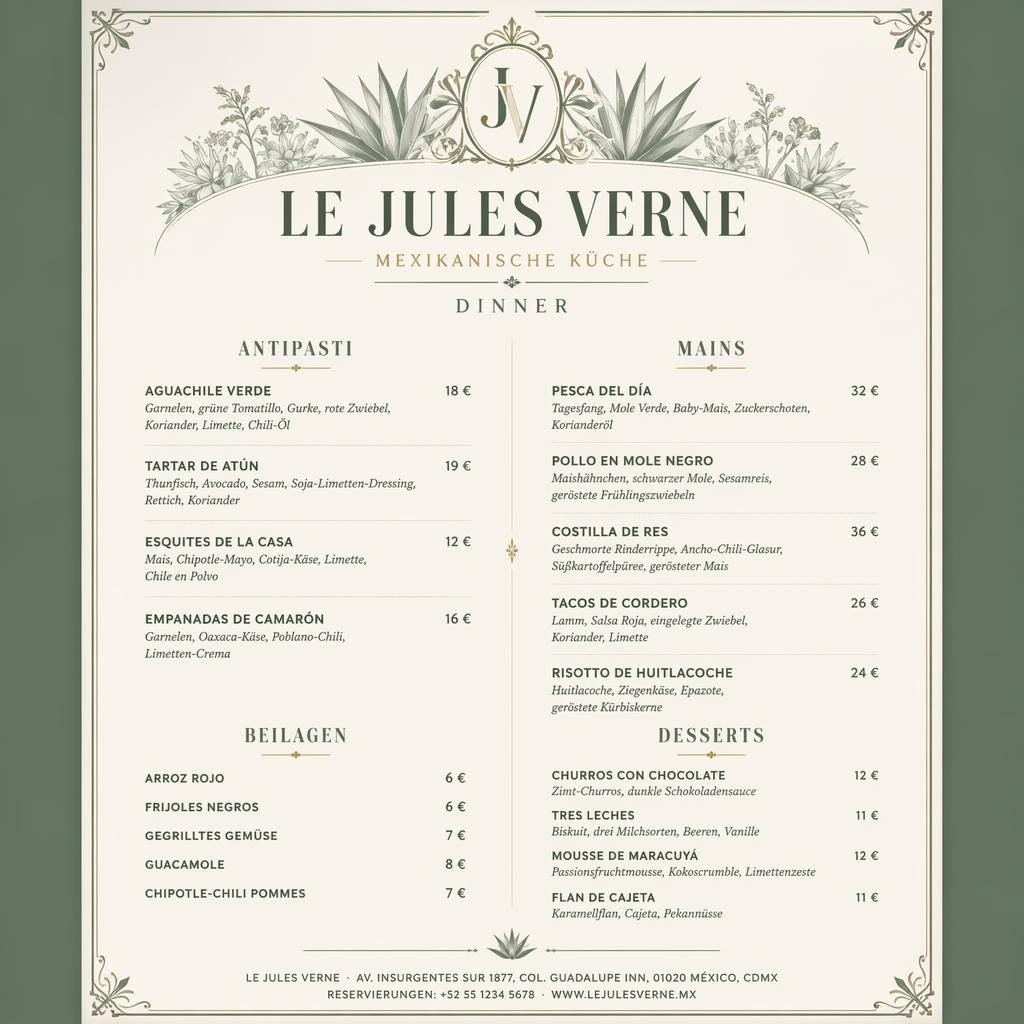 Elegante A4-Menükarte im Hochformat für le jules verne speisekarte, mexikanisches Fine Dining in Salbei und Elfenbein
