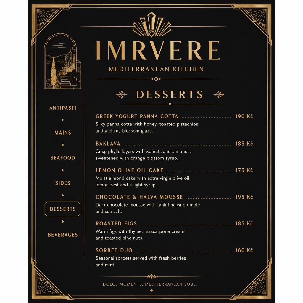 A4 dezertní menu imrvere menu v art deco stylu, černo-zlatá paleta, dekorativní záhlaví, sekce a sloupec cen