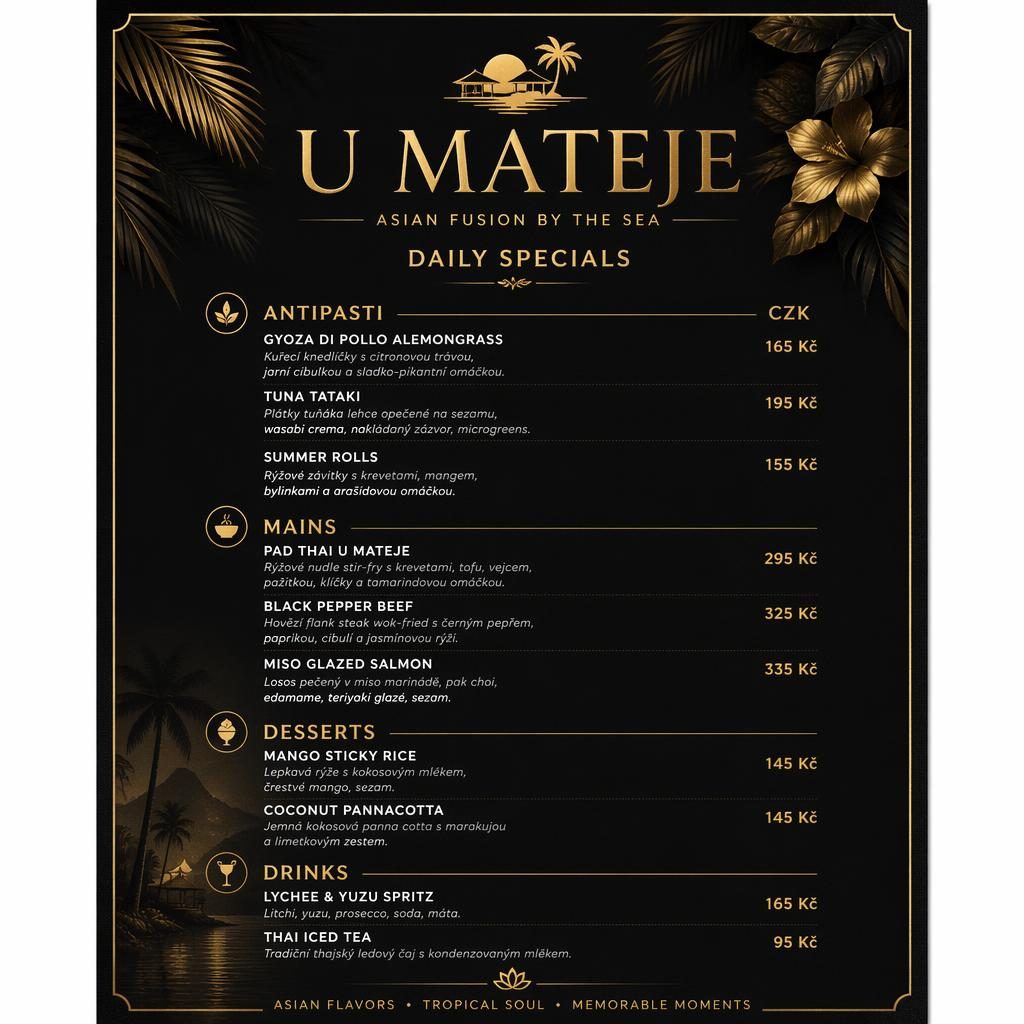 Tisková karta denního menu A4 na výšku pro asijské fusion bistro v tropickém černo-zlatém luxusním stylu.