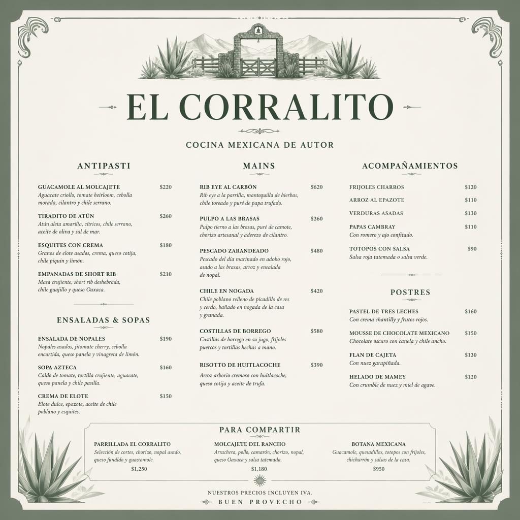 Tarjeta de menú A4 vertical de cena mexicana de lujo, en salvia e ivory, con encabezado decorativo, secciones y precios.