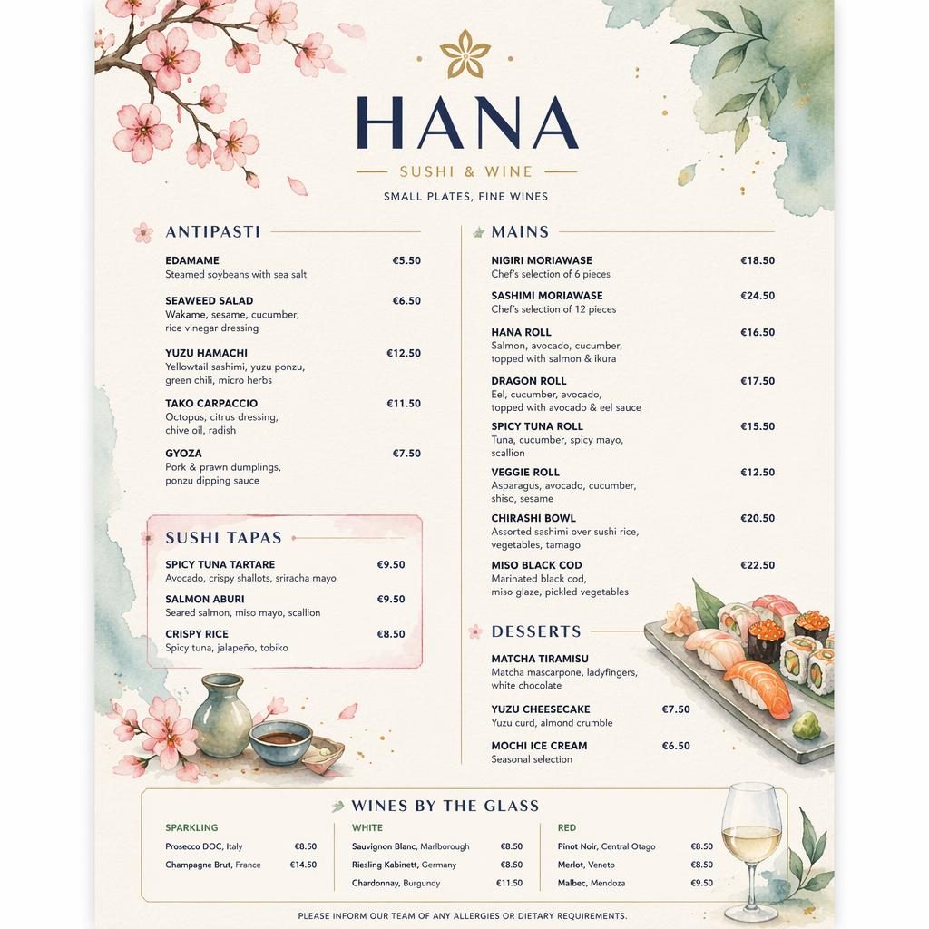 A4 portrait sushi layout menu card with watercolor header, placeholder sections, dish descriptions, and price column.