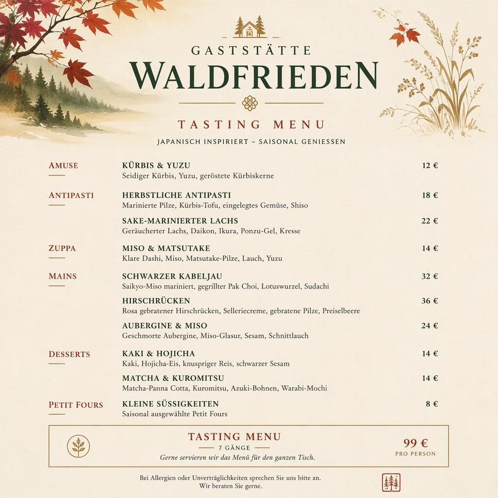 A4-Menükarte im Hochformat für gaststätte waldfrieden, Kaiseki-Stil mit Herbstfarben, Sektionen, Platzhaltertext und Preisspalte.