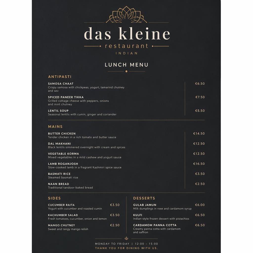 A4-Menükarte für das kleine restaurant im minimalistischen Swiss-Stil, dunkel, mit Lunchgerichten, Preisen und Zierkopf