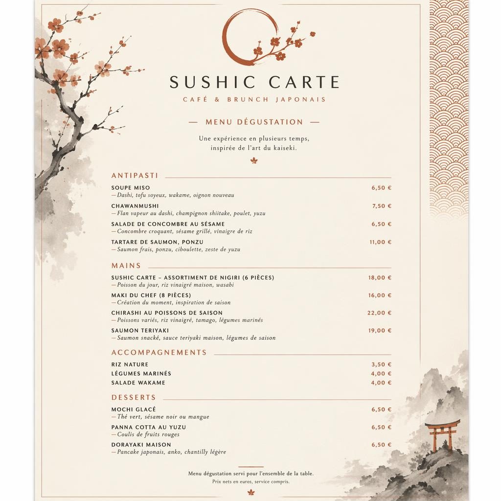 Carte menu dégustation A4 portrait, style kaiseki japonais, tons crème chaud et rouille, avec titres, plats et prix.