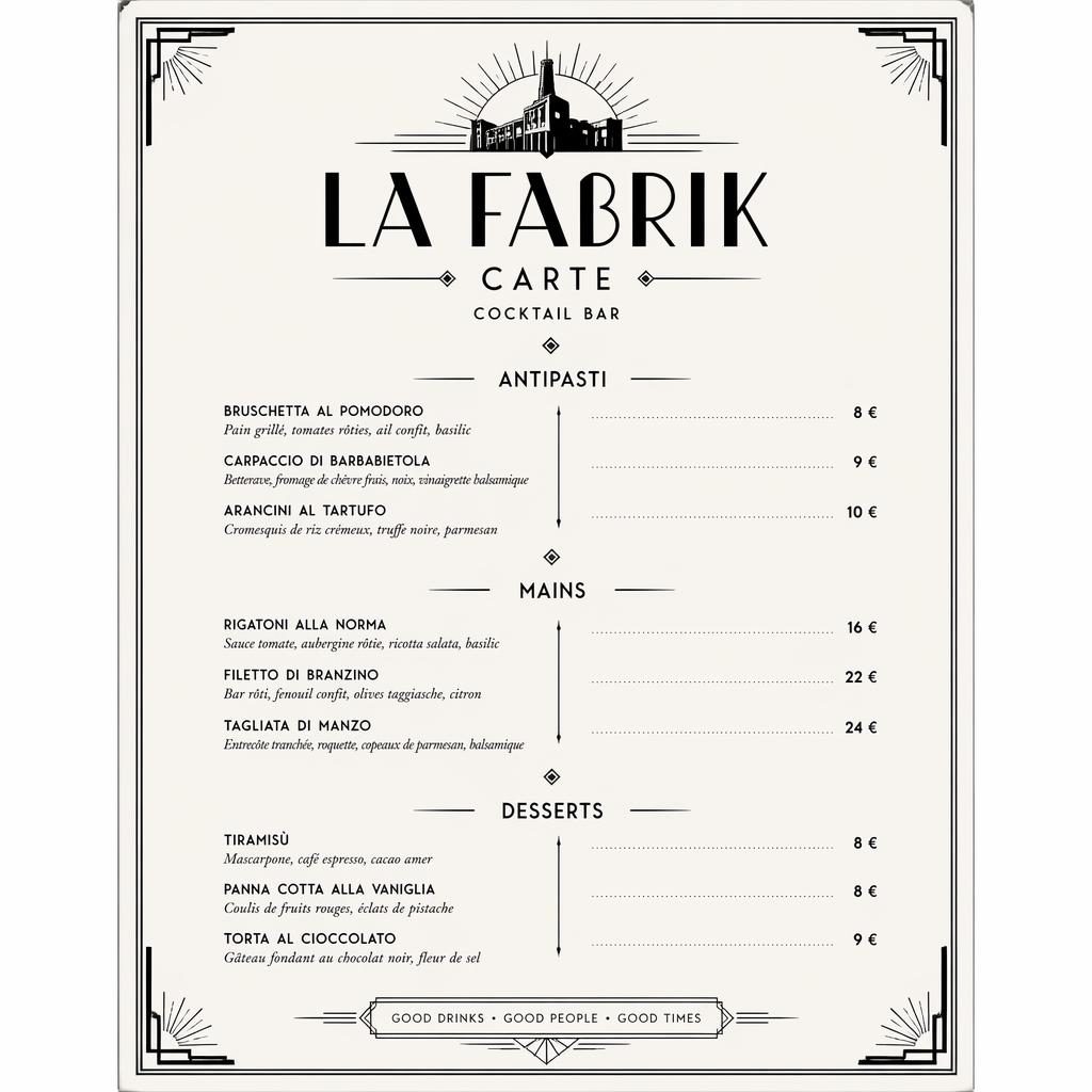 Carte de desserts A4 en portrait pour la fabrik carte, style art déco monochrome avec en-tête décoratif, rubriques et colonne de prix.