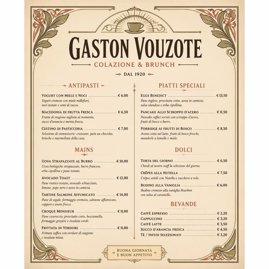 Carte de menu italienne gaston vouzote en format A4 portrait, style vintage années 1920, palette terre chaude et colonne de prix.