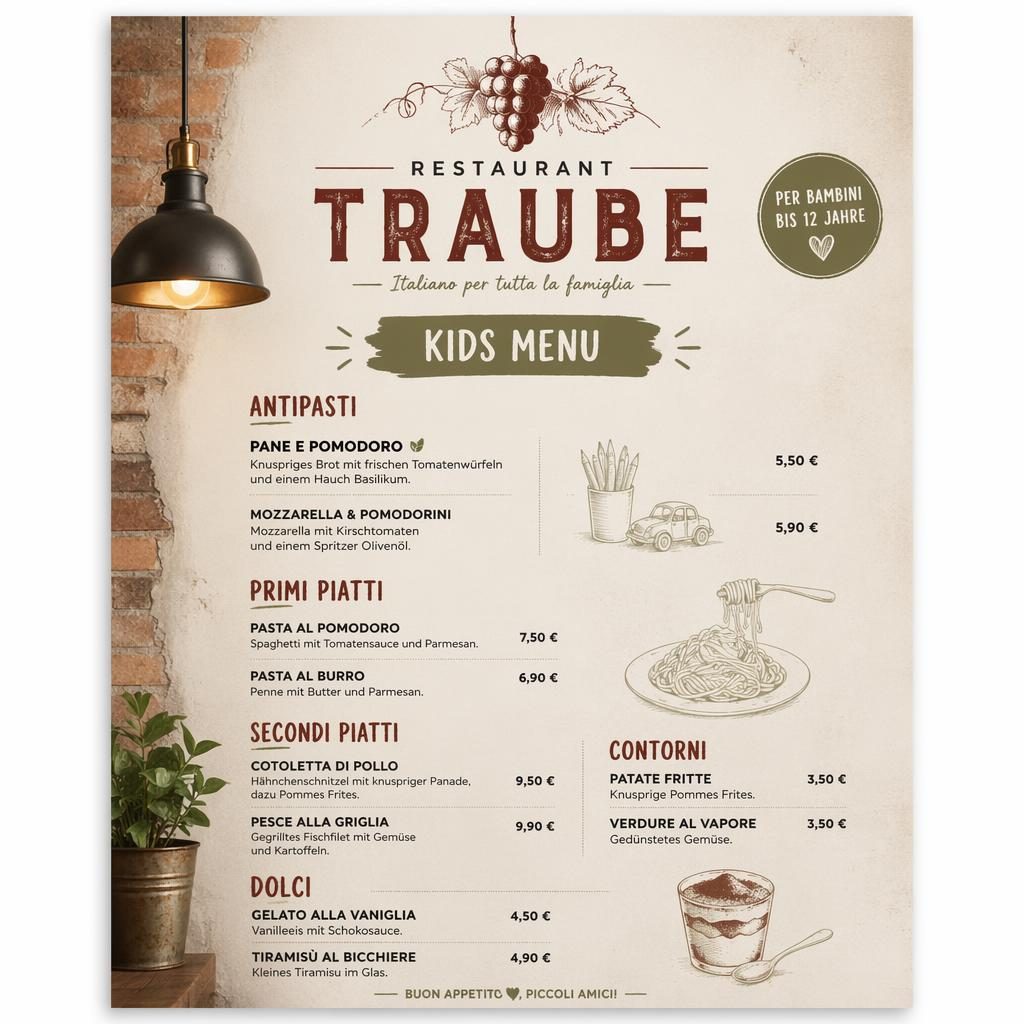 A4-Menükarte für Kinder von Restaurant Traube im Industrial-Loft-Stil mit warmer Erdpalette und Preisspalte