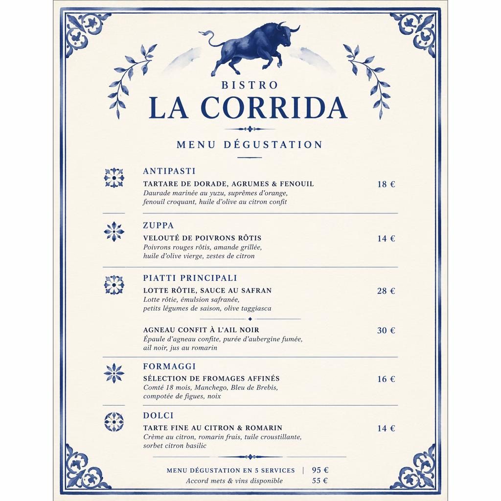 Tisková jídelní karta A4 na výšku pro corrida menu, modro-krémová paleta, dekorativní hlavička, ceny a zástupná typografie.