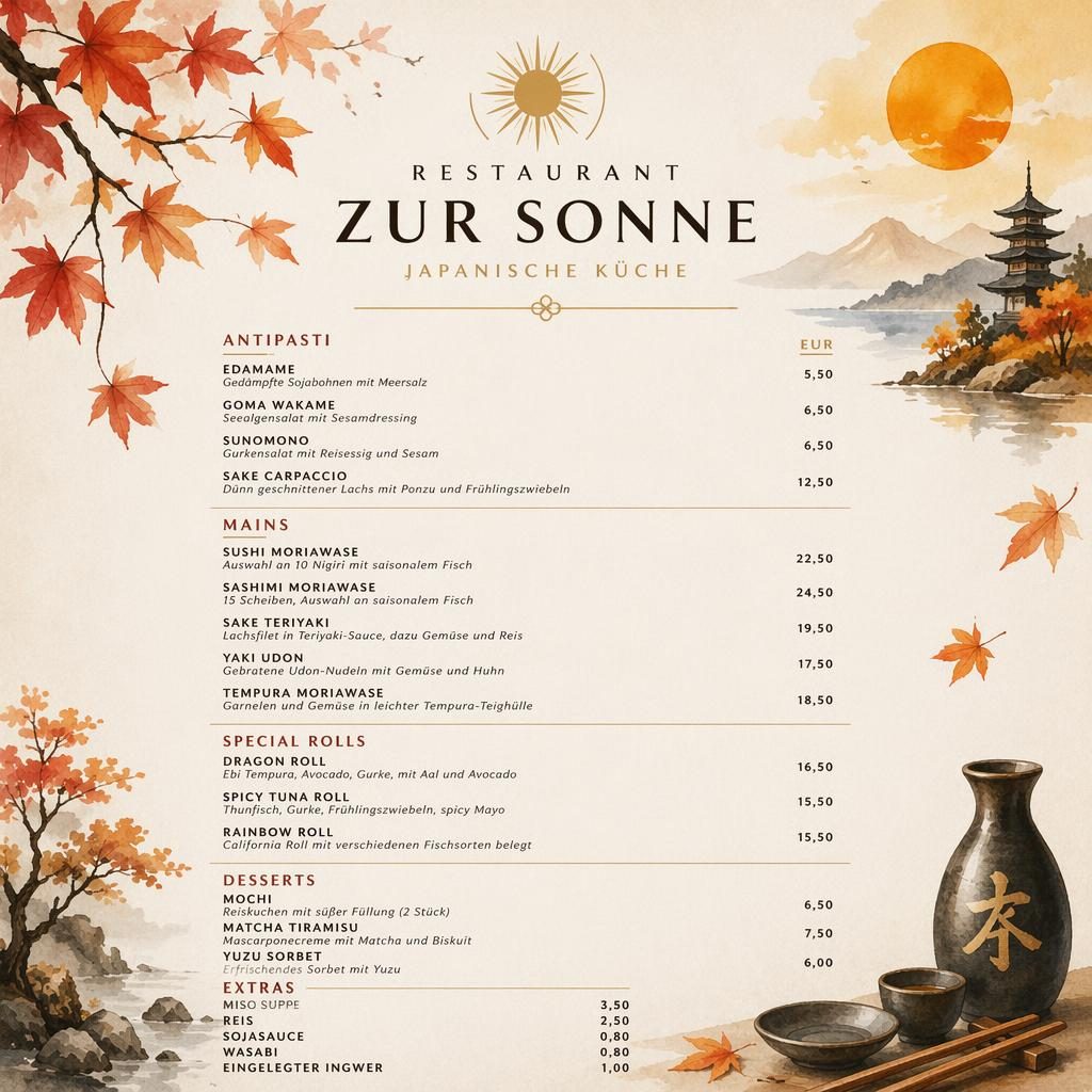 A4-Menükarte als Weinkarte für Restaurant Zur Sonne im herbstlichen Aquarellstil mit dekorativem Kopf, Platzhaltertext und Preisspalte.