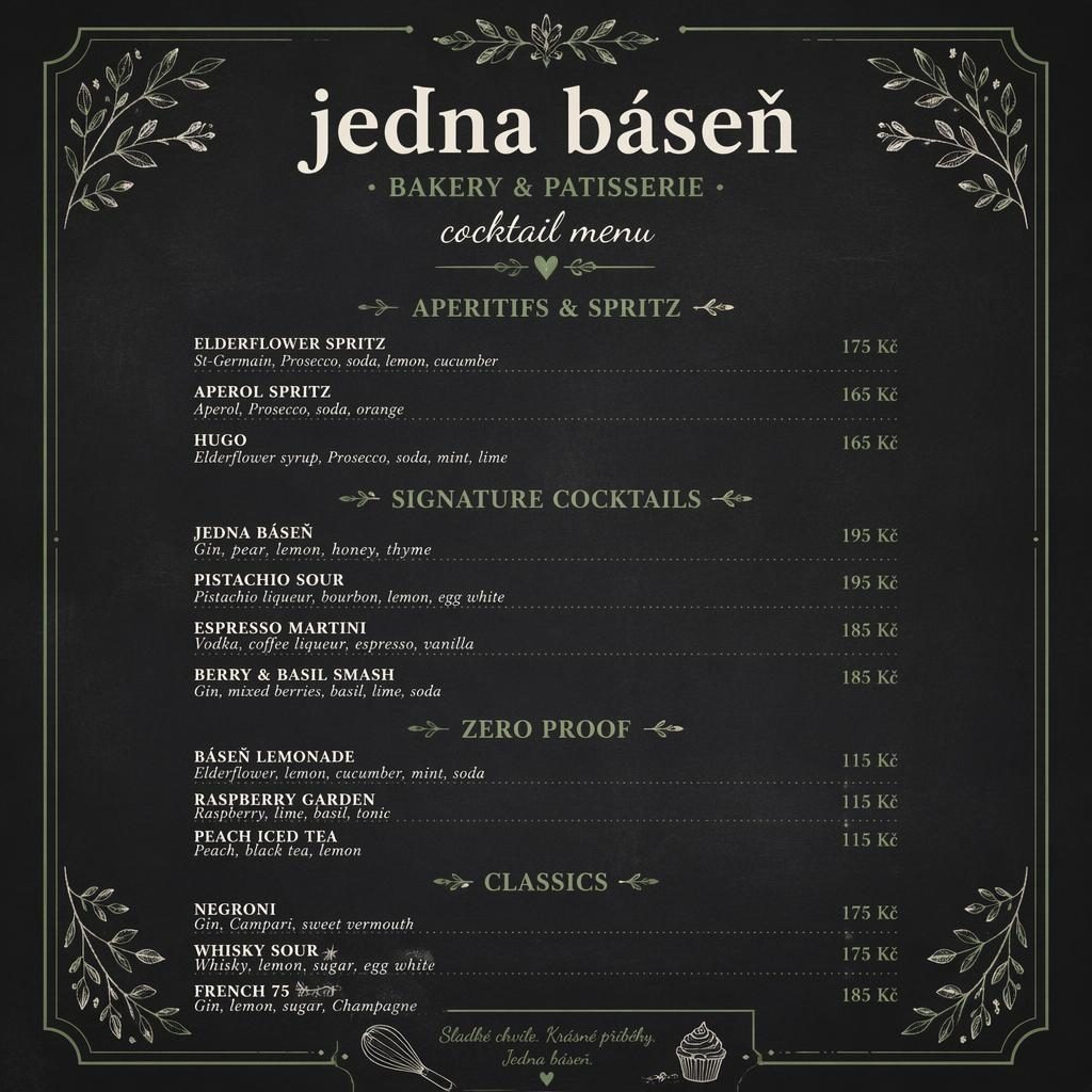 A4 koktejlová menu karta pro Jedna báseň v křídovém café stylu, paleta šalvějová a slonová kost, dekorativní záhlaví a ceny.