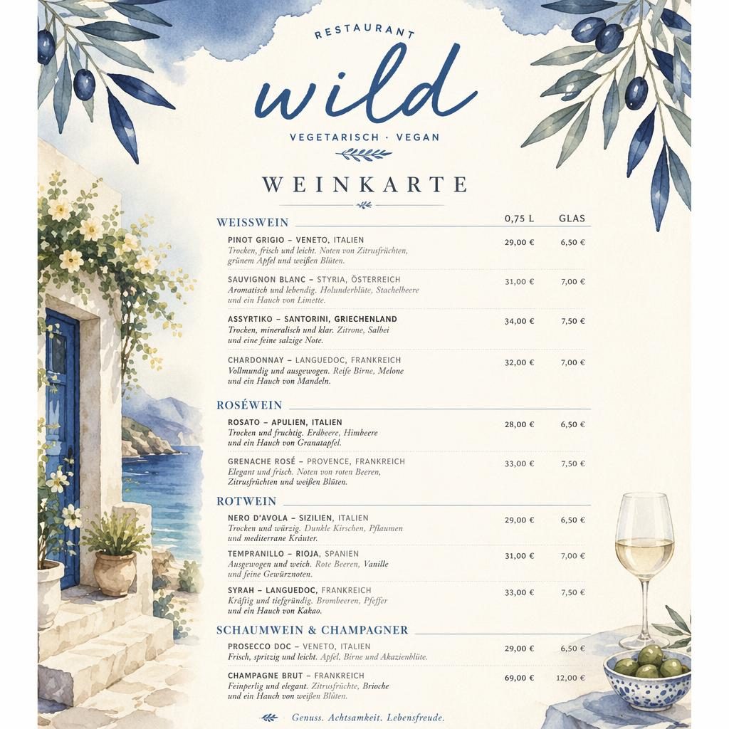 A4-Weinkarte für Restaurant Wild im Aquarellstil, mediterran in Blau und Creme mit dekorativem Kopf, Rubriken und Preisspalte.