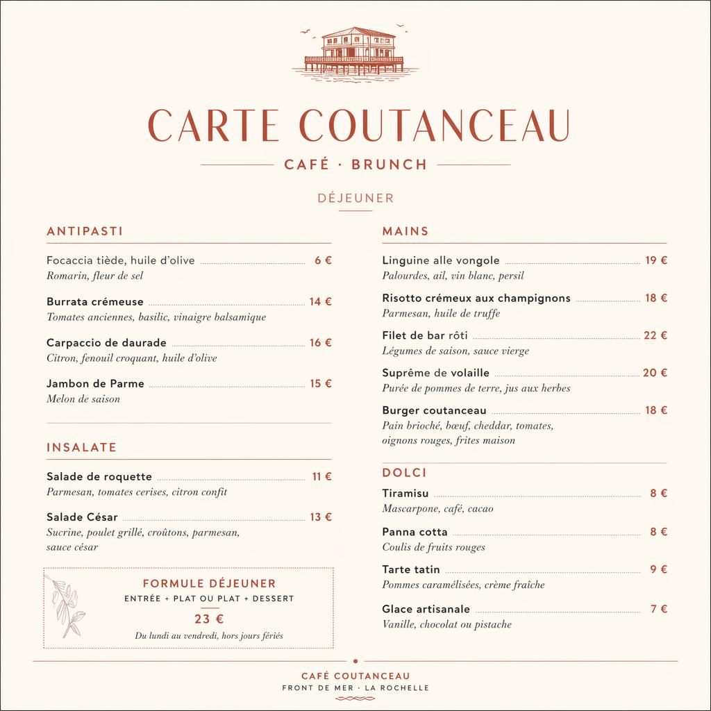 Carte de menu A4 portrait pour carte coutanceau, palette crème chaude et rouille, style suisse minimaliste.