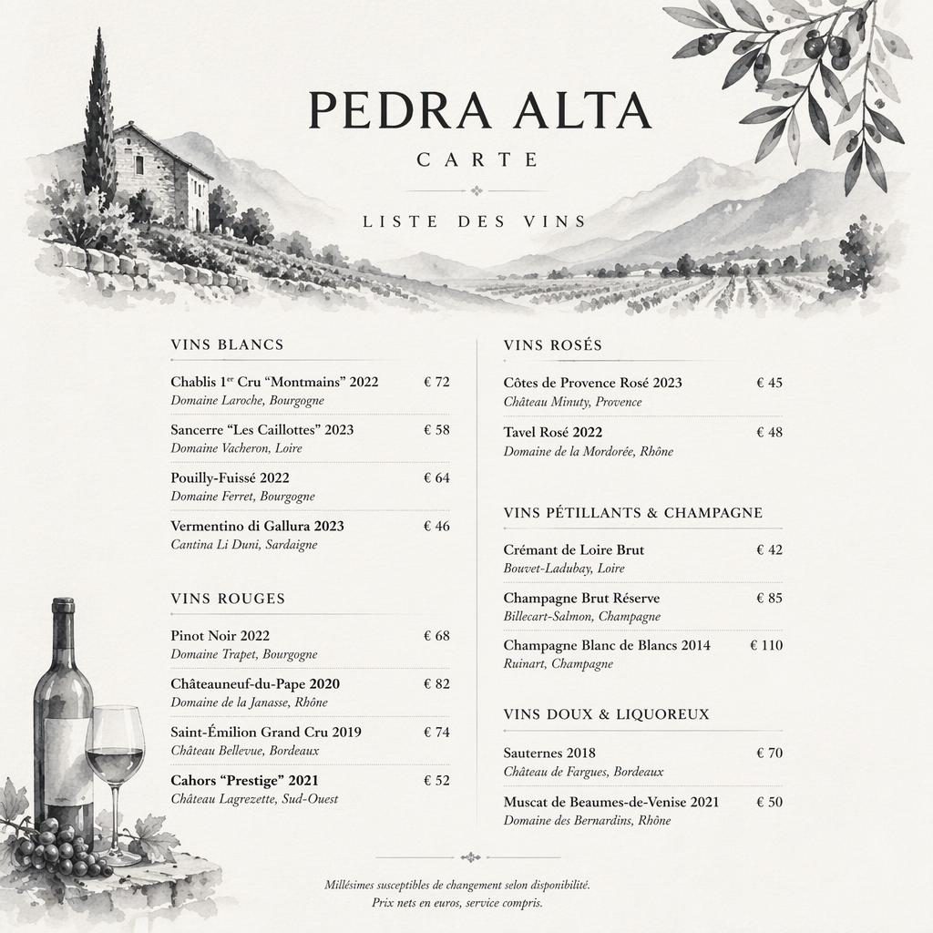 Carte des vins A4 en portrait pour Pedra Alta, style aquarelle monochrome, en-tête décoratif, rubriques et colonne de prix.