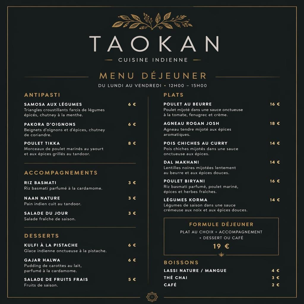 Carte de menu déjeuner taokan en format A4 portrait, style suisse minimaliste, palette sombre, titres, plats et prix.