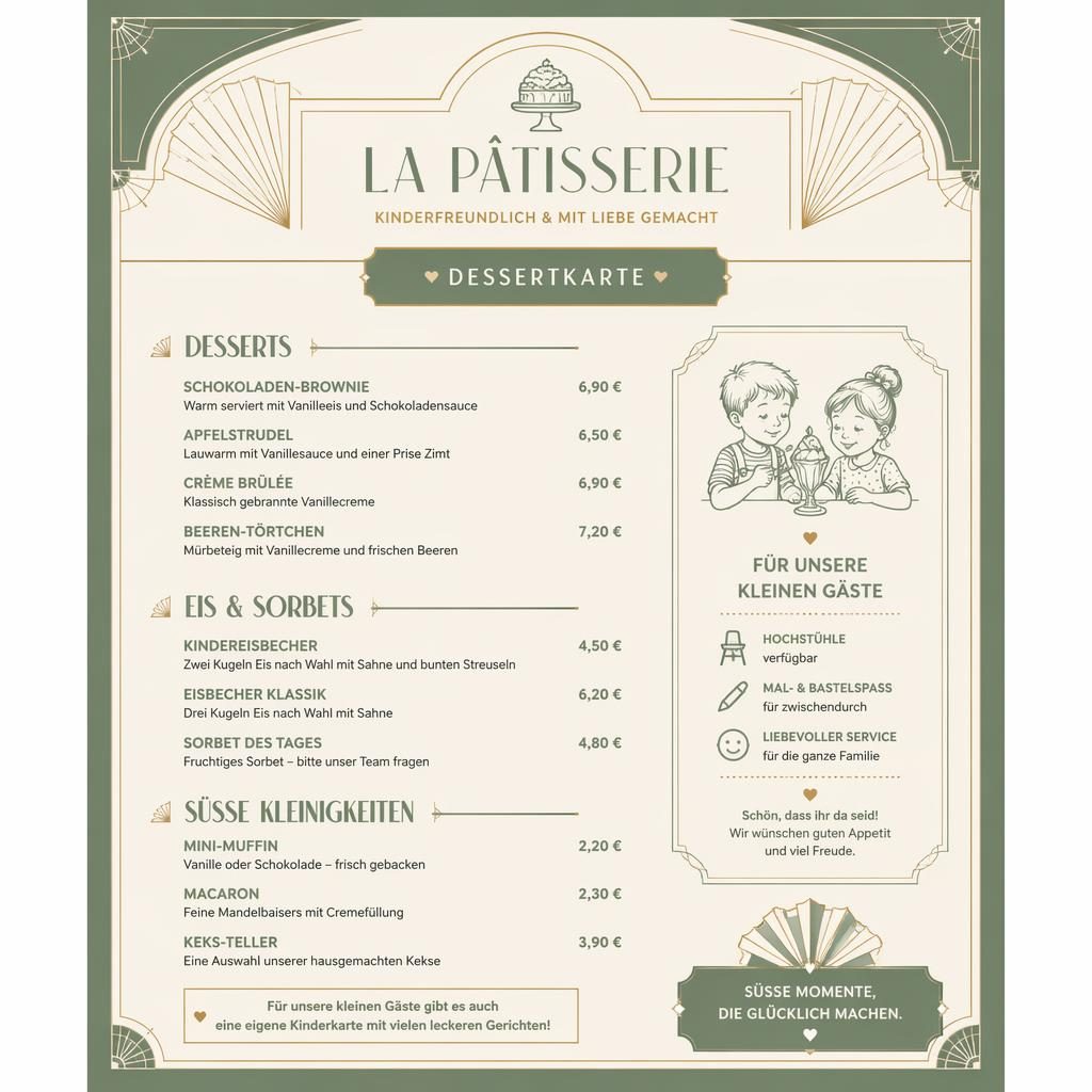 A4-Dessertkarte für kinderfreundliches restaurant im Art-Déco-Stil in Salbei und Elfenbein mit Preisen