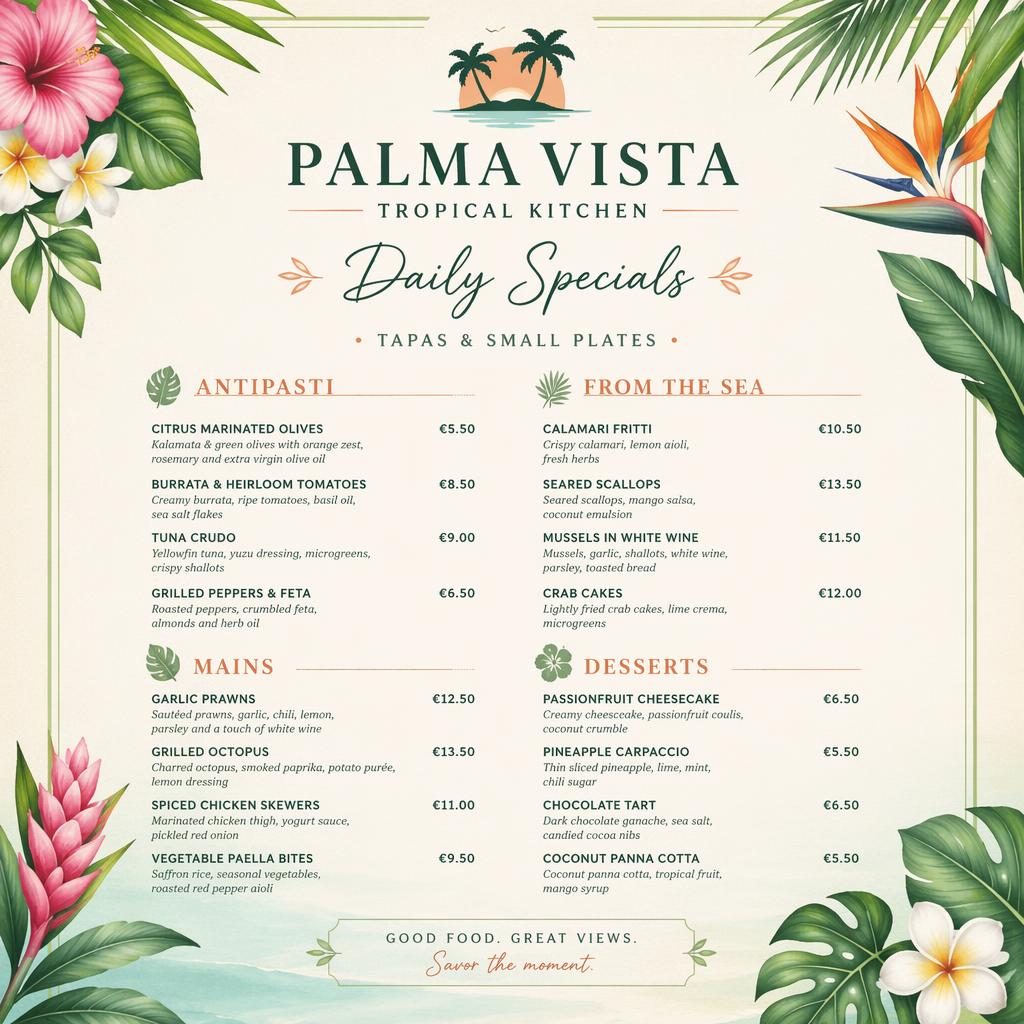 A4 portrait restaurant menu card with tropical resort styling, spring palette, daily specials sections, placeholder dishes, and prices.