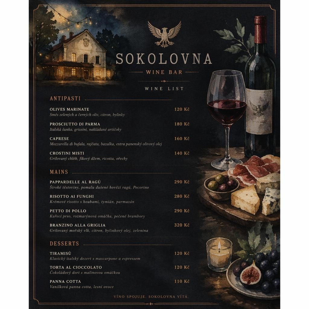 Akvarelový vinný lístek A4 pro vinárnu Sokolovna, tmavá náladová paleta, dekorativní záhlaví, sekce a ceny.