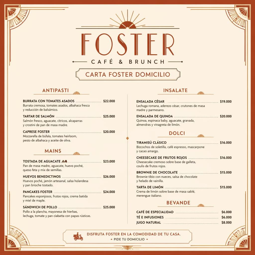 Tarjeta de menú de postres A4 vertical estilo art déco en crema cálido y óxido, con encabezado decorativo y columna de precios.
