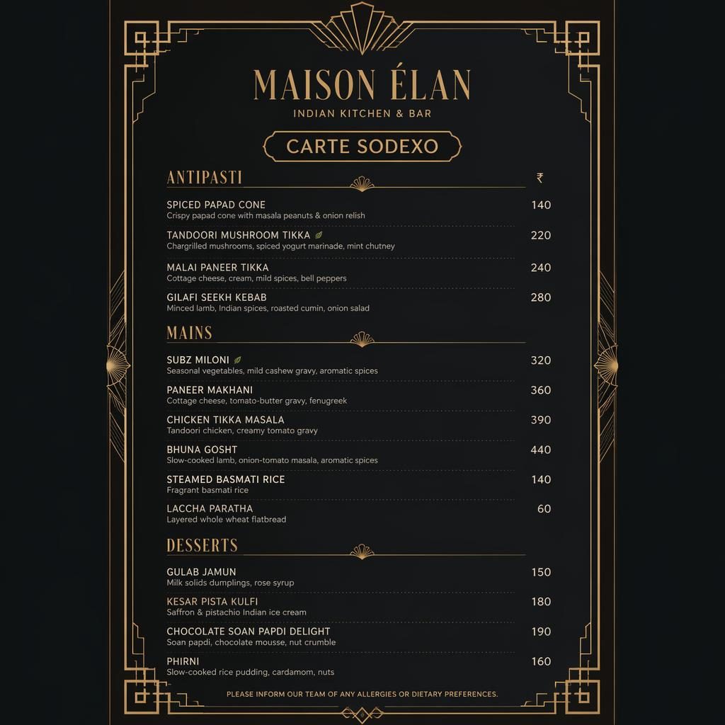 Carte de desserts indiens au format A4 portrait, style art déco sombre, avec en-tête décoratif, typographie factice et colonne de prix.