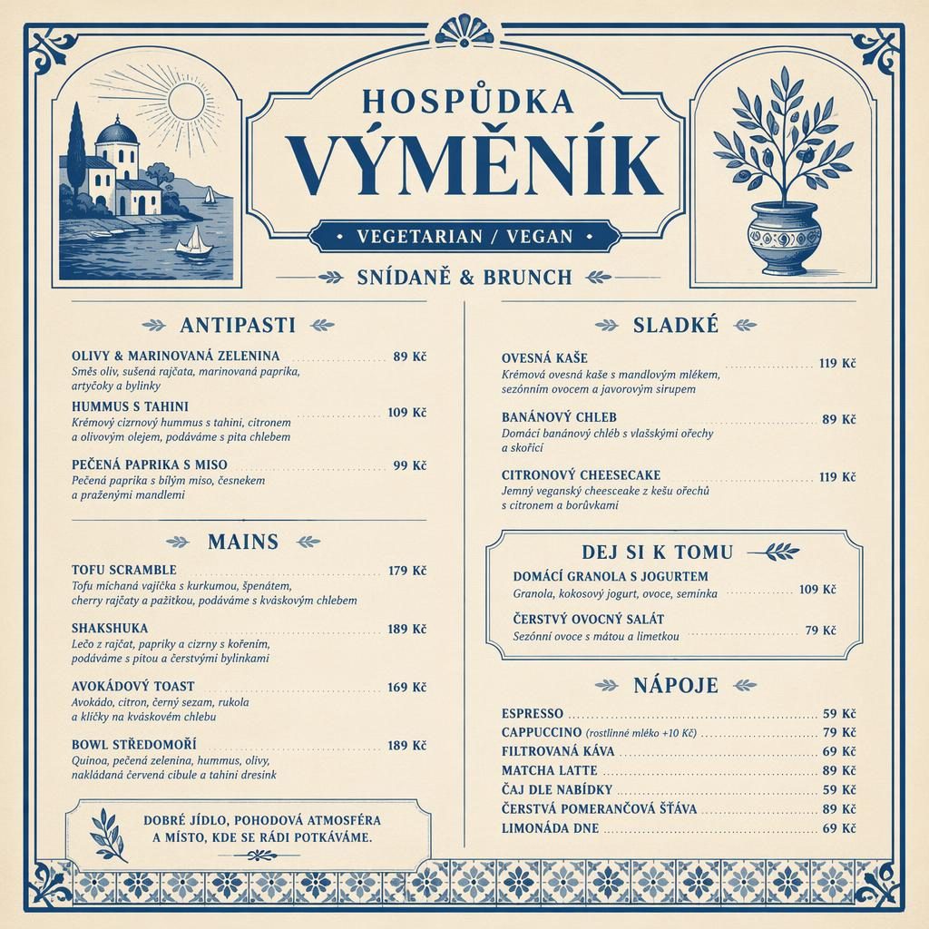 A4 menu karta pro hospůdka výměník, vintage 20. léta, modro-krémová paleta, brunch, dekorativní záhlaví a ceny