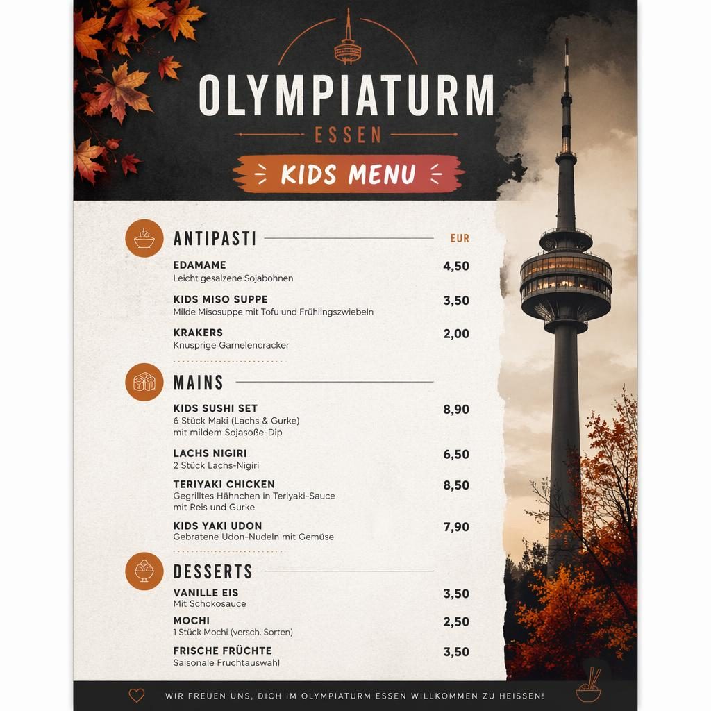 A4-Menükarte für Kinder von olympiaturm essen, japanisches Sushi im Industrial-Loft-Stil mit Herbstfarben und Preisen.