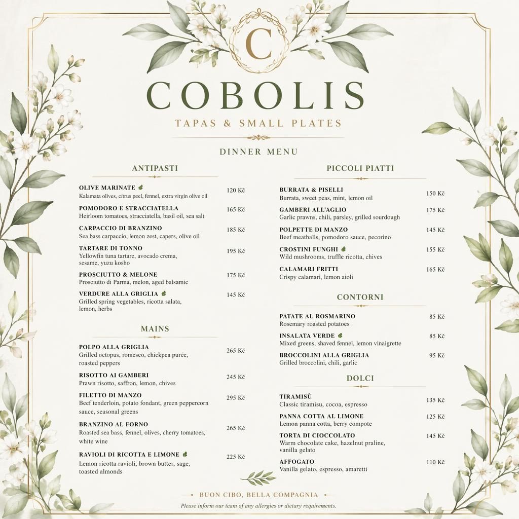 Luxusní menu karta A4 na výšku pro cobolis menu s dekorativní hlavičkou, sekcemi jídel, popisy a sloupcem cen.