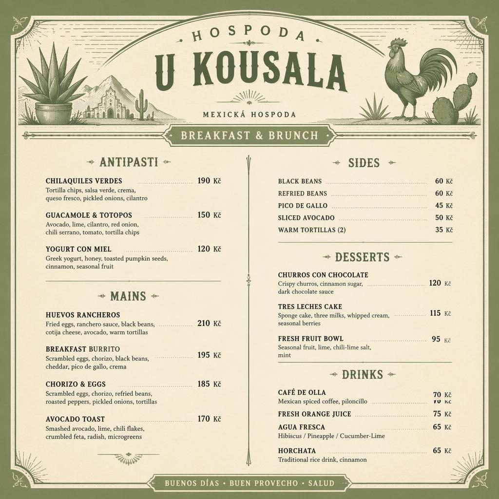 Menu karta A4 na výšku pro mexickou hospodu ve stylu 20. let, šalvějová a slonovinová paleta, dekorativní hlavička a ceny.