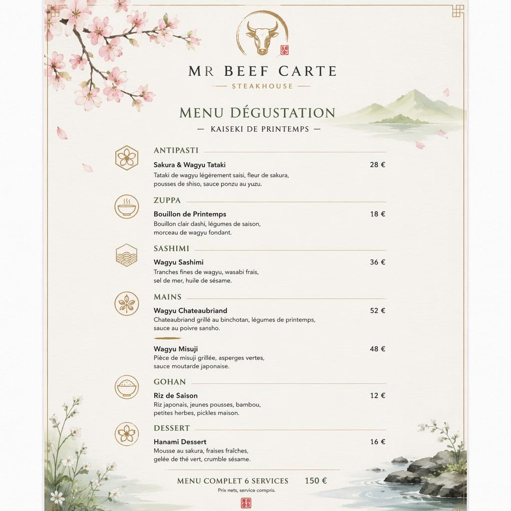 Carte de menu A4 portrait pour mr beef carte, style kaiseki japonais, palette printanière, rubriques, plats et prix.
