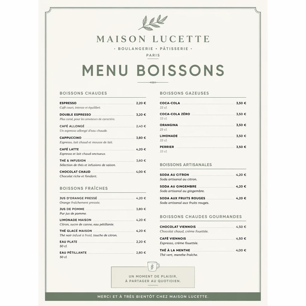 Carte menu boissons A4 en portrait, style suisse minimaliste, palette sauge et ivoire, en-tête décoratif et colonne de prix.