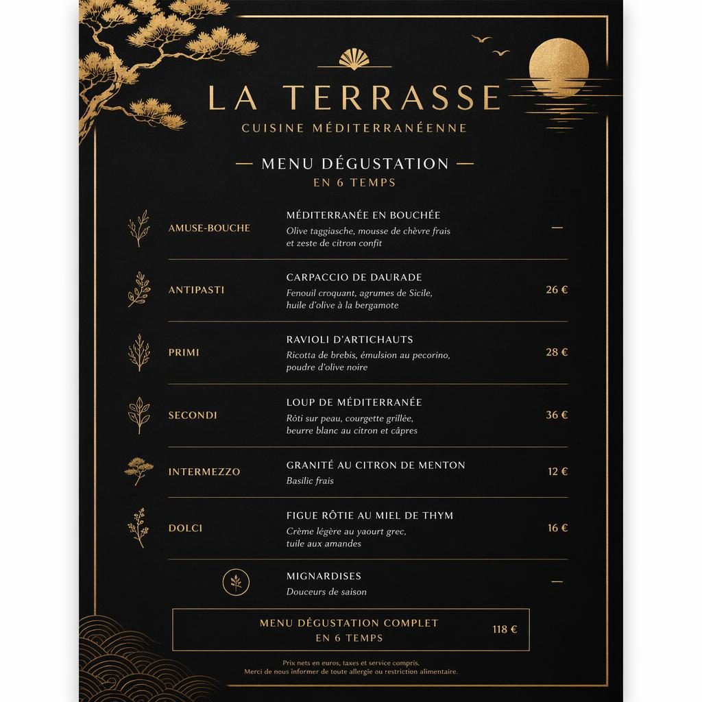 Carte de menu A4 en portrait, style kaiseki japonais, palette noir et or, rubriques, plats, descriptions et prix.
