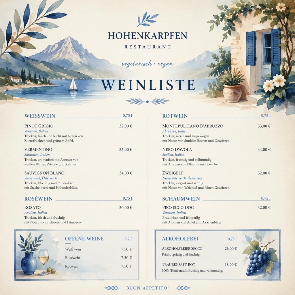 A4-Weinkarte für hohenkarpfen restaurant in mediterranem Blau-Creme, Aquarellstil mit Zierkopf, Rubriken und Preisen.