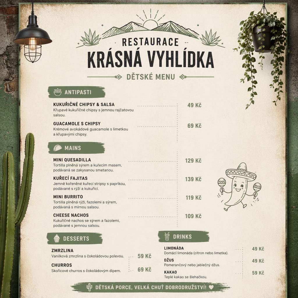 A4 karta dětského mexického menu pro restaurace krásná vyhlídka v industriálním loft stylu, šalvějová a slonová kost.
