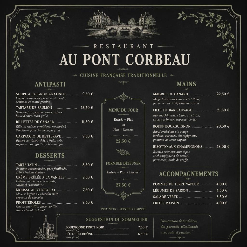 Carte de boissons A4 portrait style ardoise café, palette sauge et ivoire, avec en-têtes décoratifs et colonne de prix.