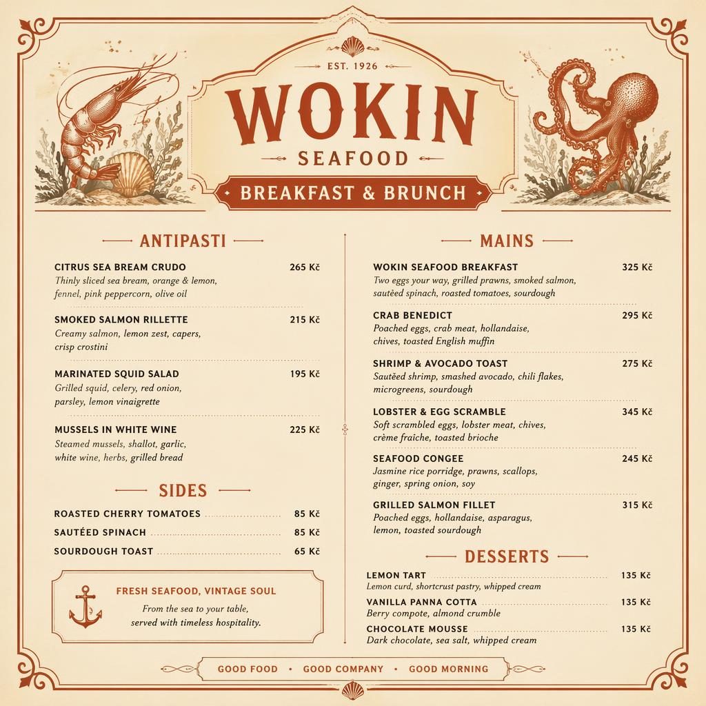 A4 menu karta na výšku pro wokin menu, vintage styl 20. let, krémová a rezavá paleta, brunch s mořskými plody.