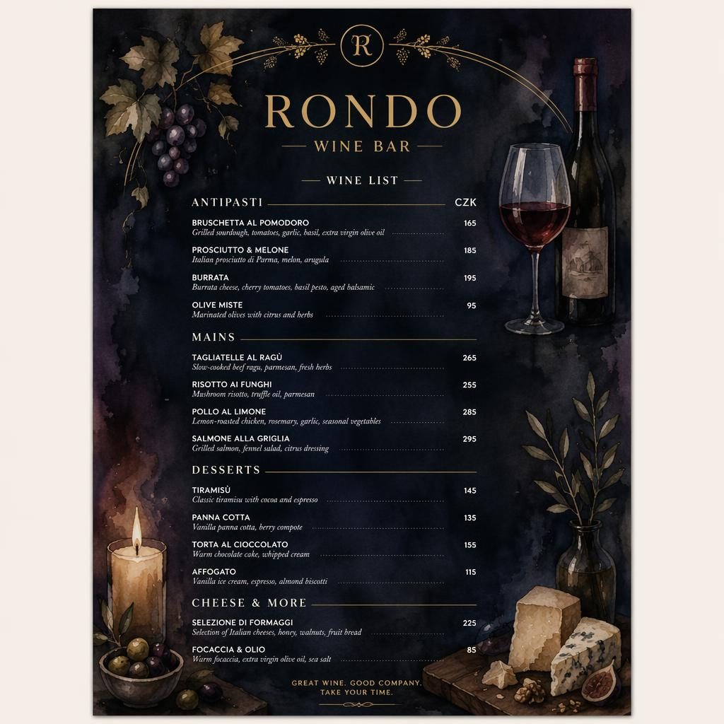 A4 portrétní vinný lístek pro wine bar v akvarelovém tmavém stylu s dekorativní hlavičkou, sekcemi a cenami
