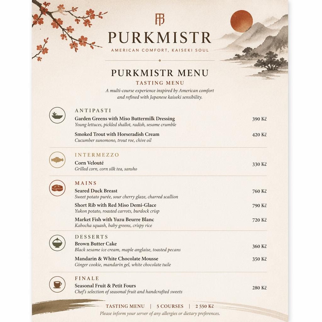 A4 menu karta Purkmistr s degustační nabídkou, teplá zemitá paleta, dekorativní hlavička, ceny a zástupný text jídel.