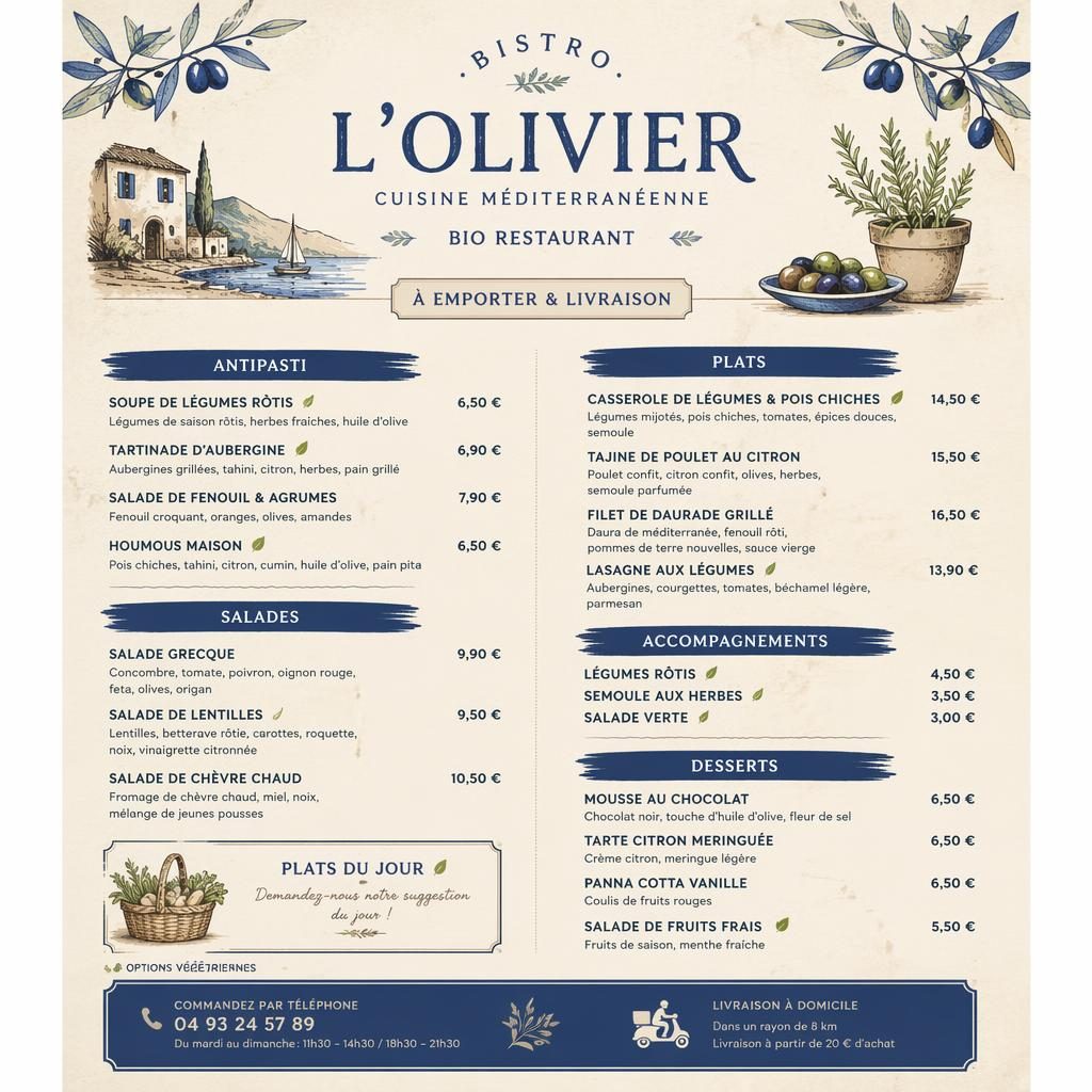 A4-Menükarte für ein Bio Restaurant im französischen Bistro-Stil, rustikal warm in Blau und Creme mit Preisen