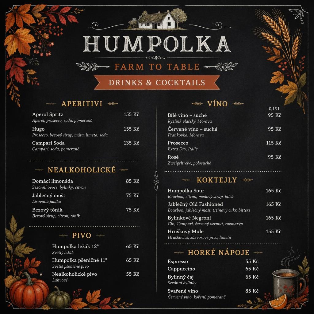 A4 koktejlový lístek humpolka menu ve stylu křídové tabule, podzimní barvy, dekorativní záhlaví a sloupec cen