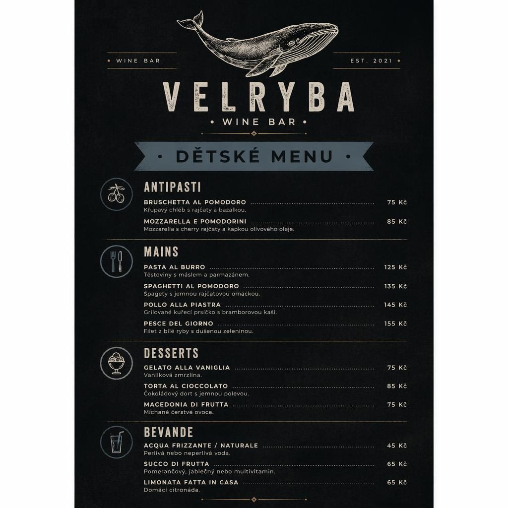 A4 jídelní lístek pro dětské velryba menu, tmavá industriální sazba, sekce, názvy jídel a sloupec s cenami.