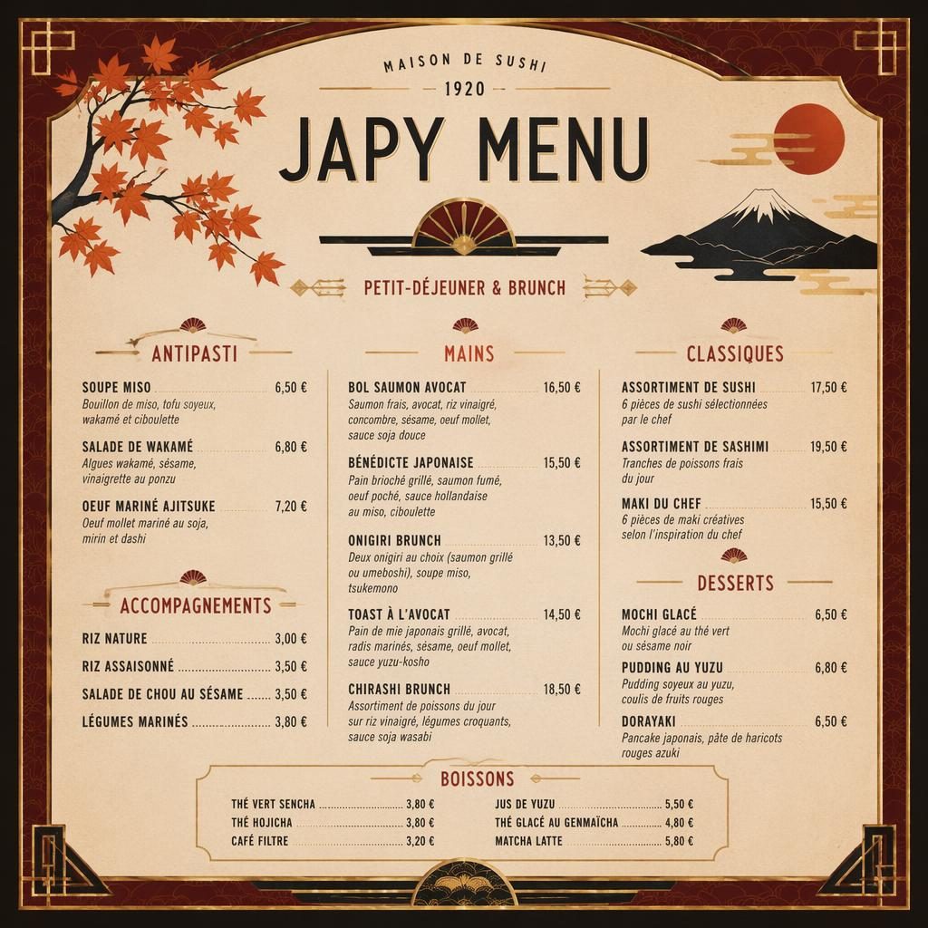 Carte de menu A4 portrait style années 1920, palette automnale, en-tête décoratif, rubriques brunch japonais et colonne de prix.