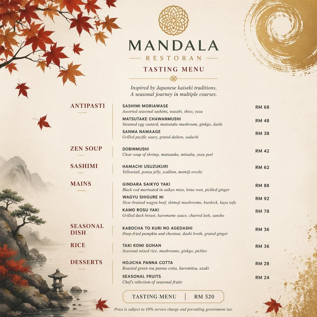 A4 portrait restaurant menu card with decorative header, placeholder dish names, prices, and autumn-toned Japanese kaiseki styling.