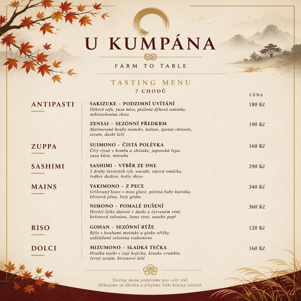 A4 menu karta na výšku pro u kumpána menu, japonský kaiseki styl, podzimní paleta, dekorativní záhlaví a ceny