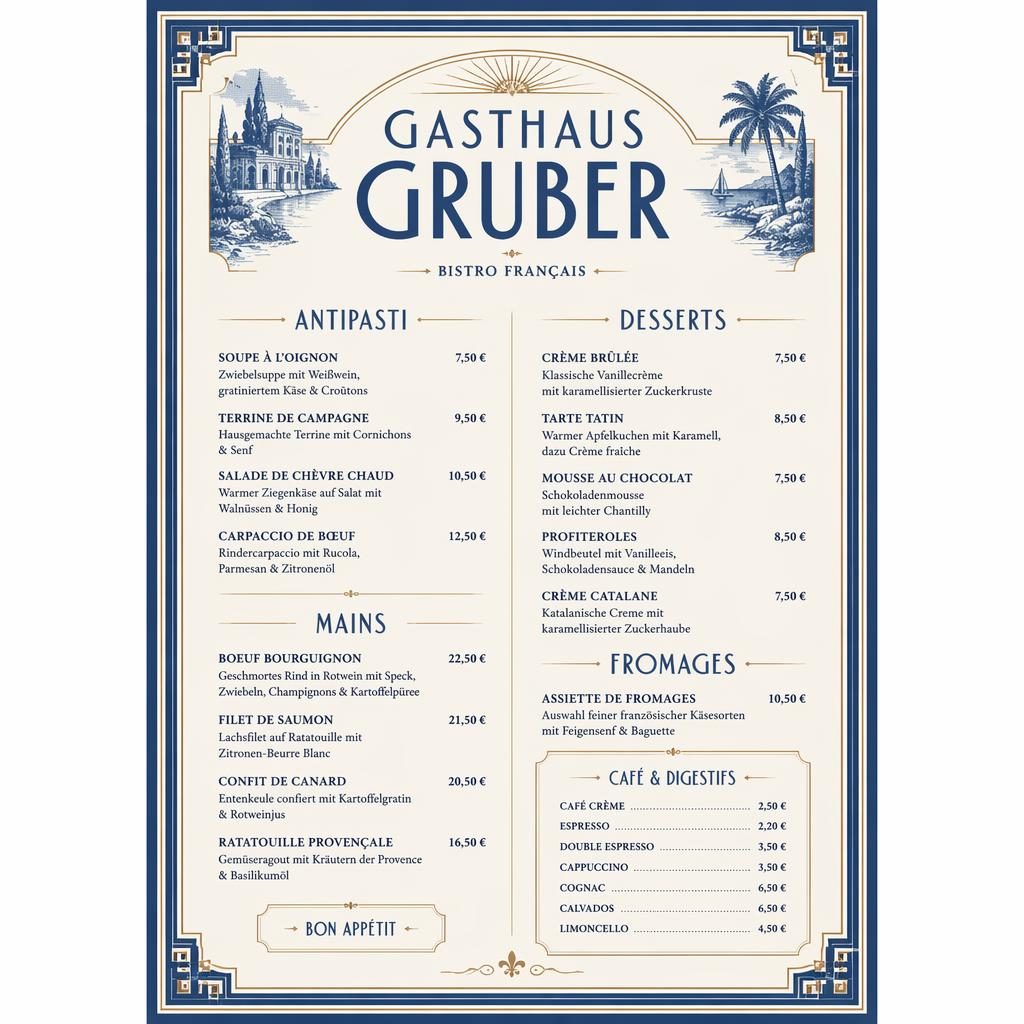 A4-Dessertkarte für Gasthaus Gruber im Art-Déco-Stil in Blau und Creme mit Zierkopf, Platzhaltertext und Preisspalte