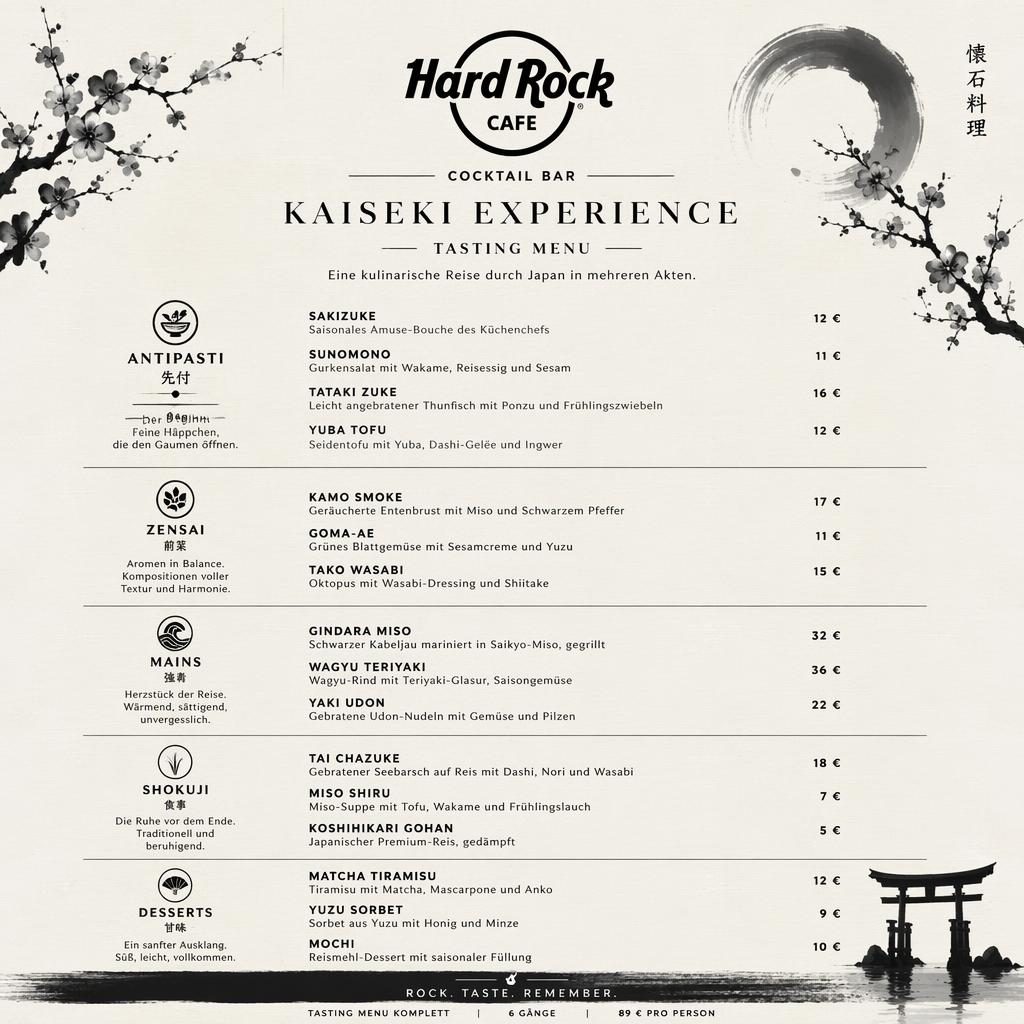 A4-Menükarte im Hochformat, monochrom-minimal mit dekorativem Header, Preis-Spalte und japanisch inspirierter Struktur