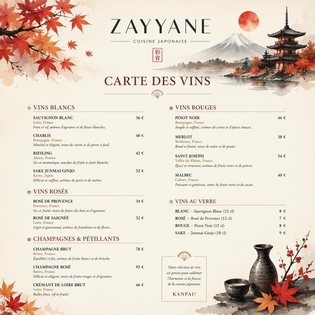 Carte des vins A4 en portrait pour zayyane menu, style aquarelle chaleureux, palette automnale, en-tête décoratif.