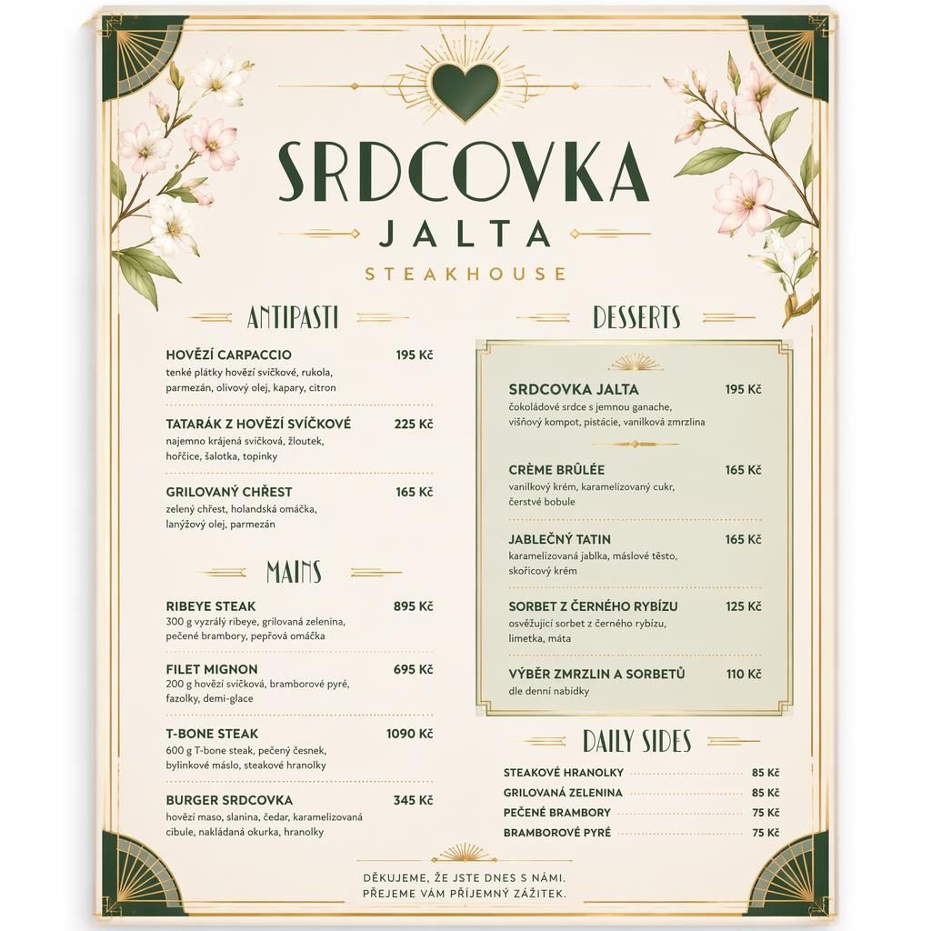A4 dezertní menu pro srdcovka jalta ve stylu art deco, se zdobným záhlavím, cenami a svěží jarní paletou