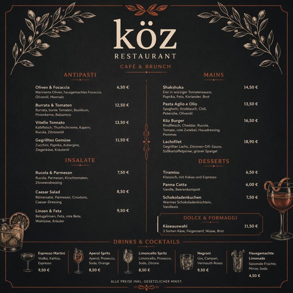 A4-Getränke- und Cocktailkarte für köz restaurant im Chalkboard-Café-Stil in Creme und Rost mit Preisspalte