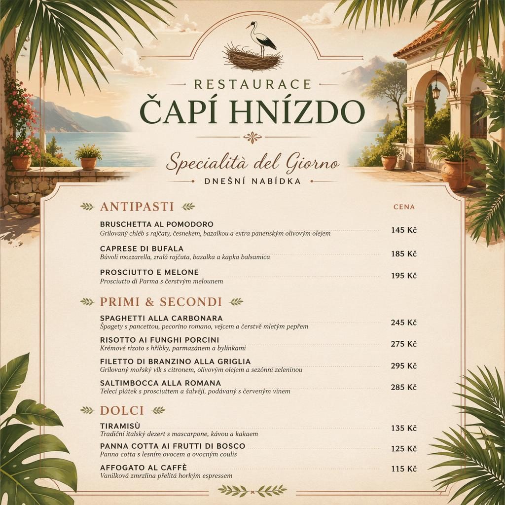 A4 menu karta restaurace čapí hnízdo v italském stylu s tropickým záhlavím, sekcemi jídel a sloupcem cen.