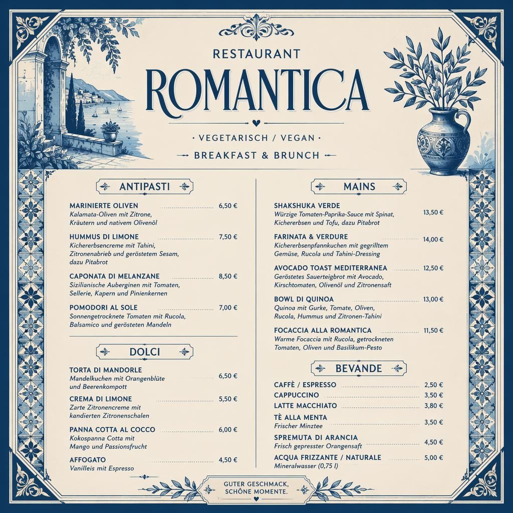 A4-Menükarte für Restaurant Romantica im Vintage-1920er-Stil in Blau und Creme mit Frühstücks- und Brunch-Layout